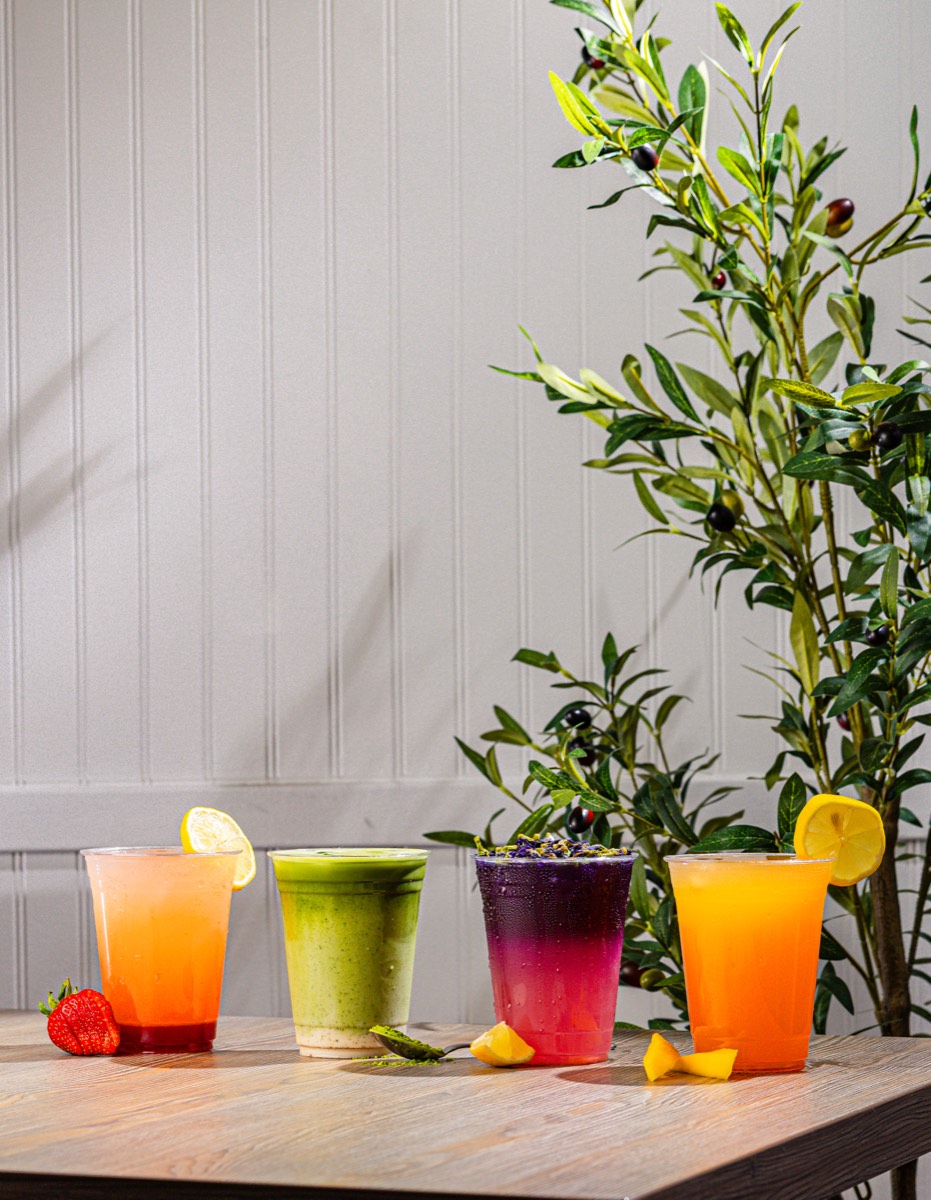 Group shot of colorful drinks, studio lit beverage photography